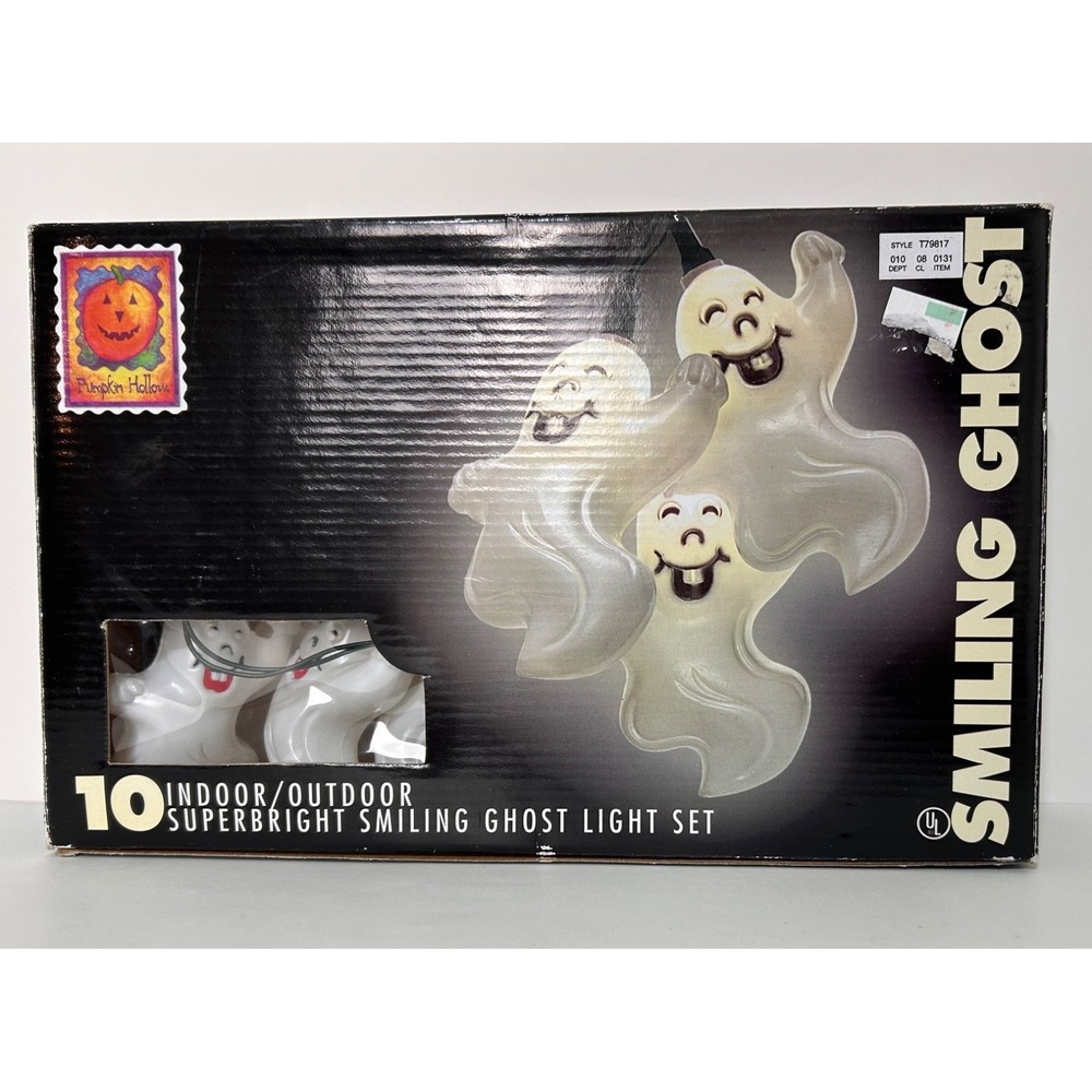 New Vintage Halloween 10 Ghost Hard Plastic Blow Mold String Lights Smiling